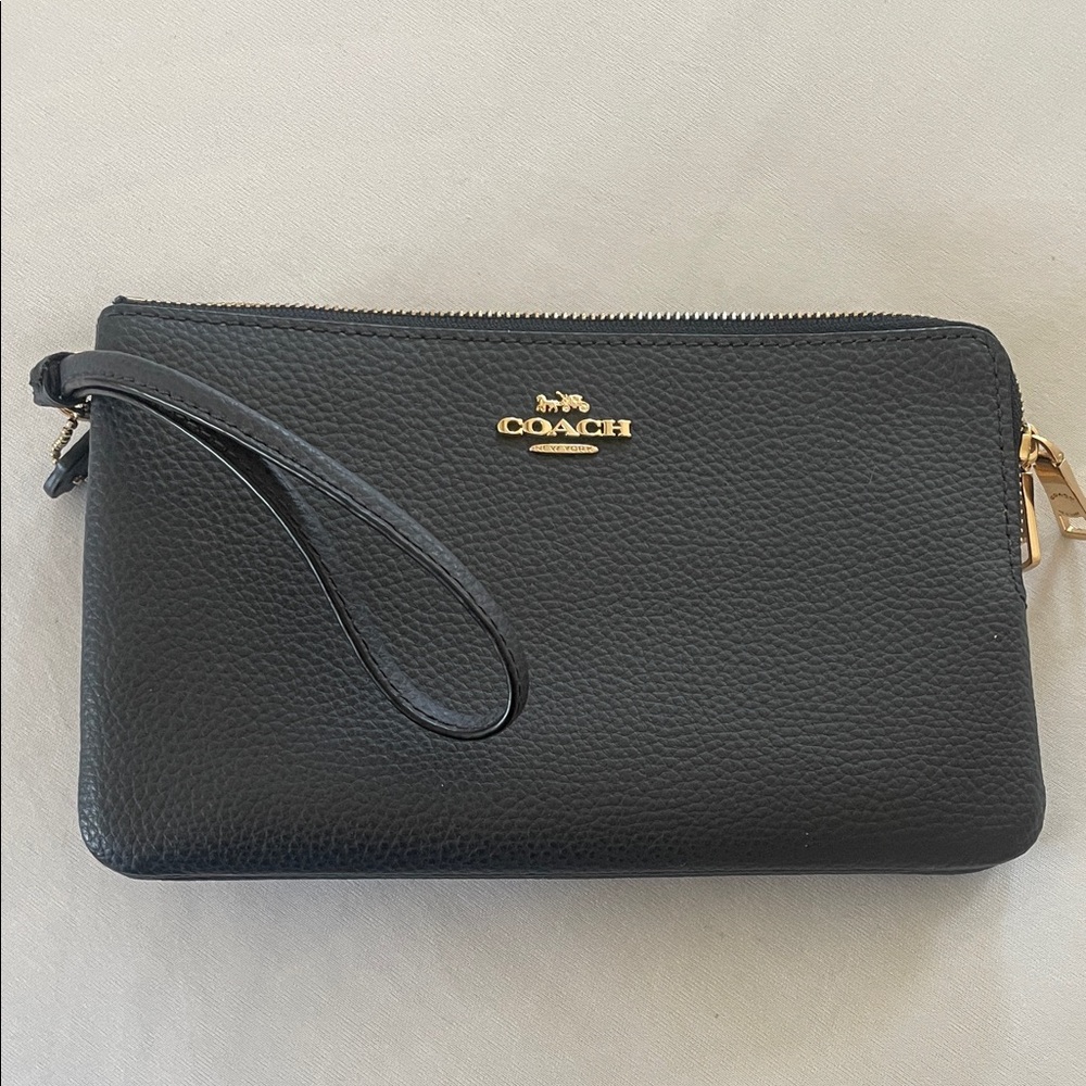 Coach Black Pebbled Leather Wristlet with Gold Hardware